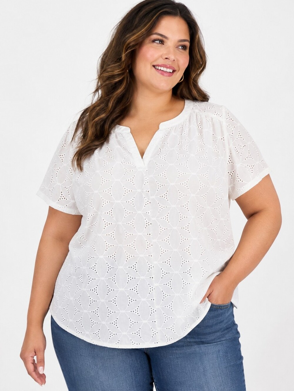 St. John’s Bay Plus 3X White Eyelet Embroidered Cotton Blouse Cottagecore